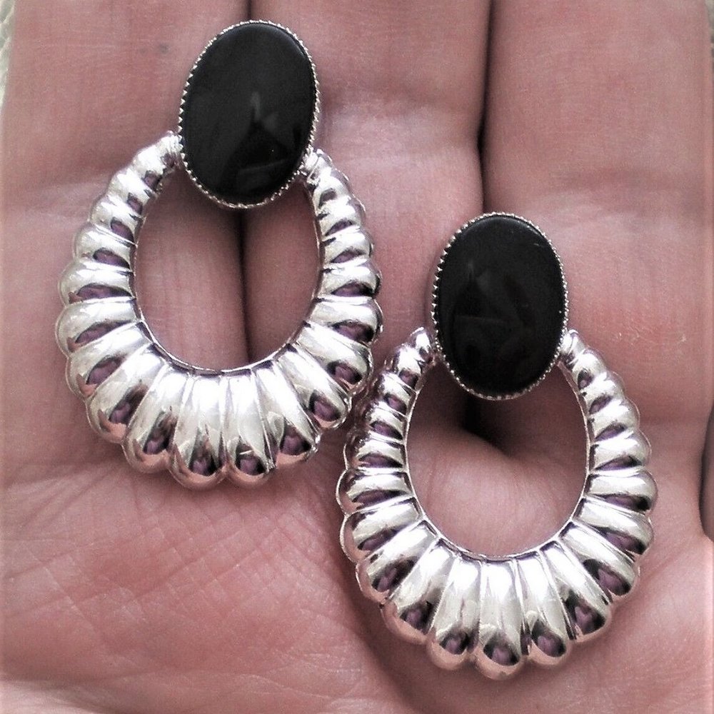 Designer CARLA Sterling Silver 14K Gold Posts Black Onyx Door Knocker EARRINGS